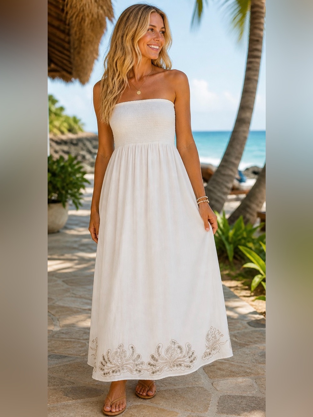 White Strapless Smocked Maxi Dress Embroidered Hem Boho Beach S/M Resort Summer